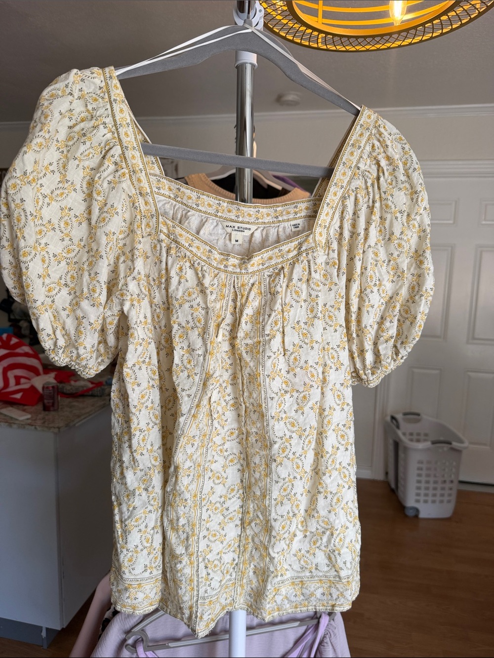 Max Studio Cream and Yellow Floral Puff-Sleeve Blouse